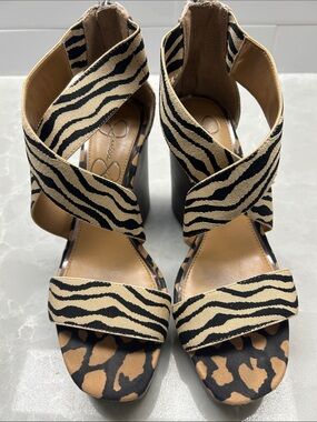 Jessica Simpson Black and Beige Zebra and Leopard Mix Print Platform Sandals